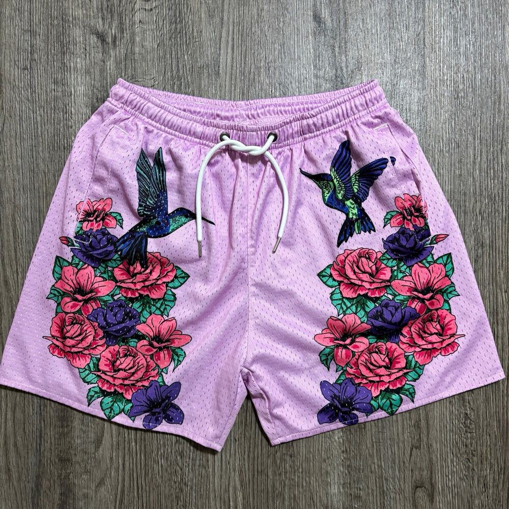 YoungLA Pink Mesh Lined Shorts Pockets Floral Hummingbird Men’s L 4in